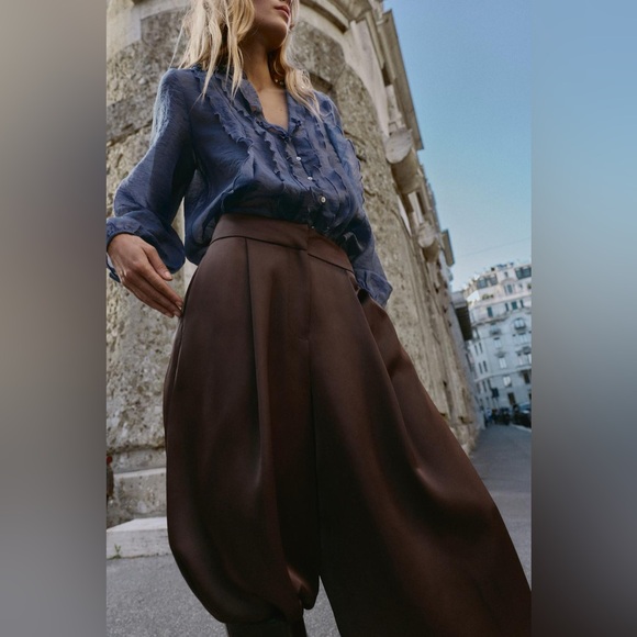 Zara SATIN BROWN BALLOON PANTS XL NWT - Picture 4 of 16